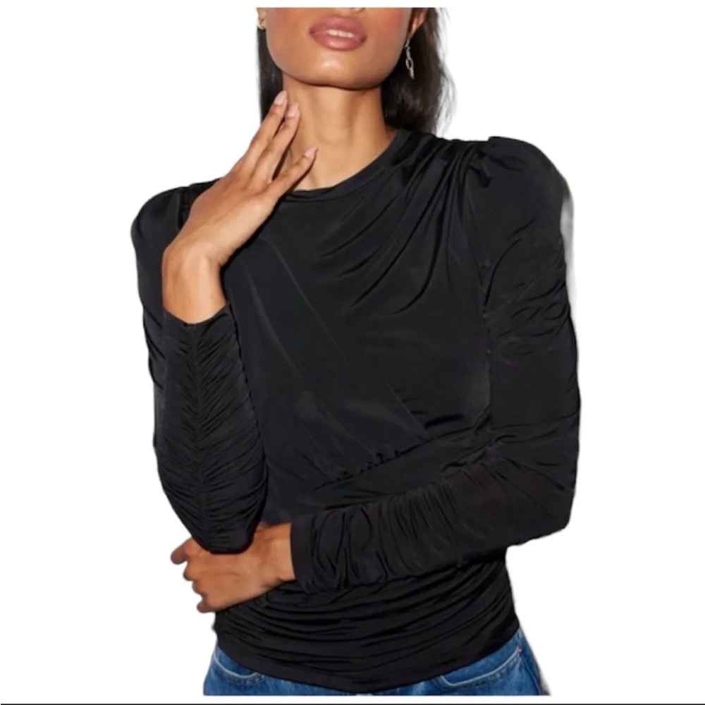 LNA Black Cannon Blouse Top Ruched Long Sleeves XS